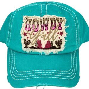 Howdy Y'all Turquoise Distressed Baseball Cap Western Country Cactus Hat